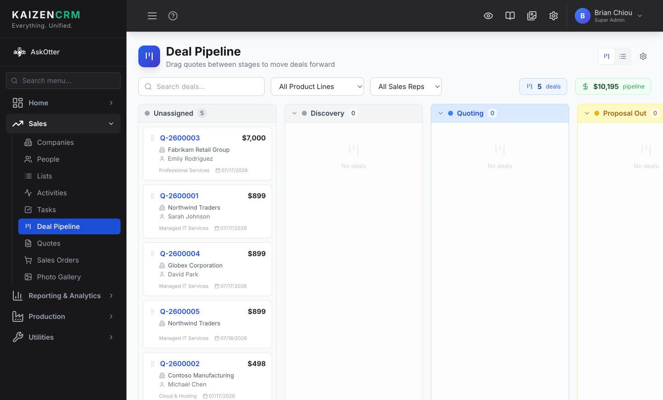 Electrical workflow in Kaizen CRM — Deal pipeline