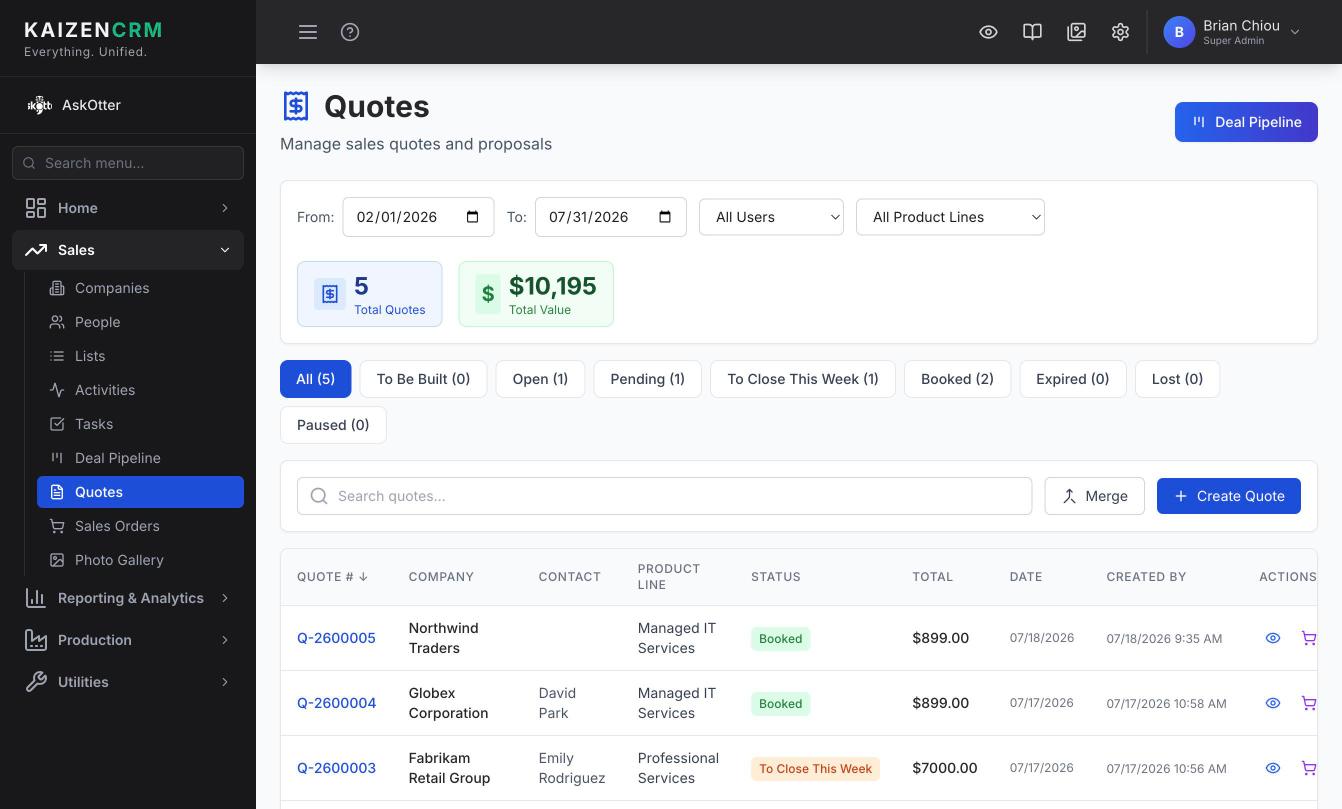 HVAC workflow in Kaizen CRM — Quotes